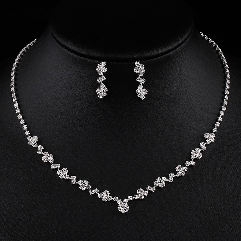 Fashion Crystal Bridal Jewelry Sets Silver Color Choker Necklace Earrings Bracelet Wedding Jewelry Sets
