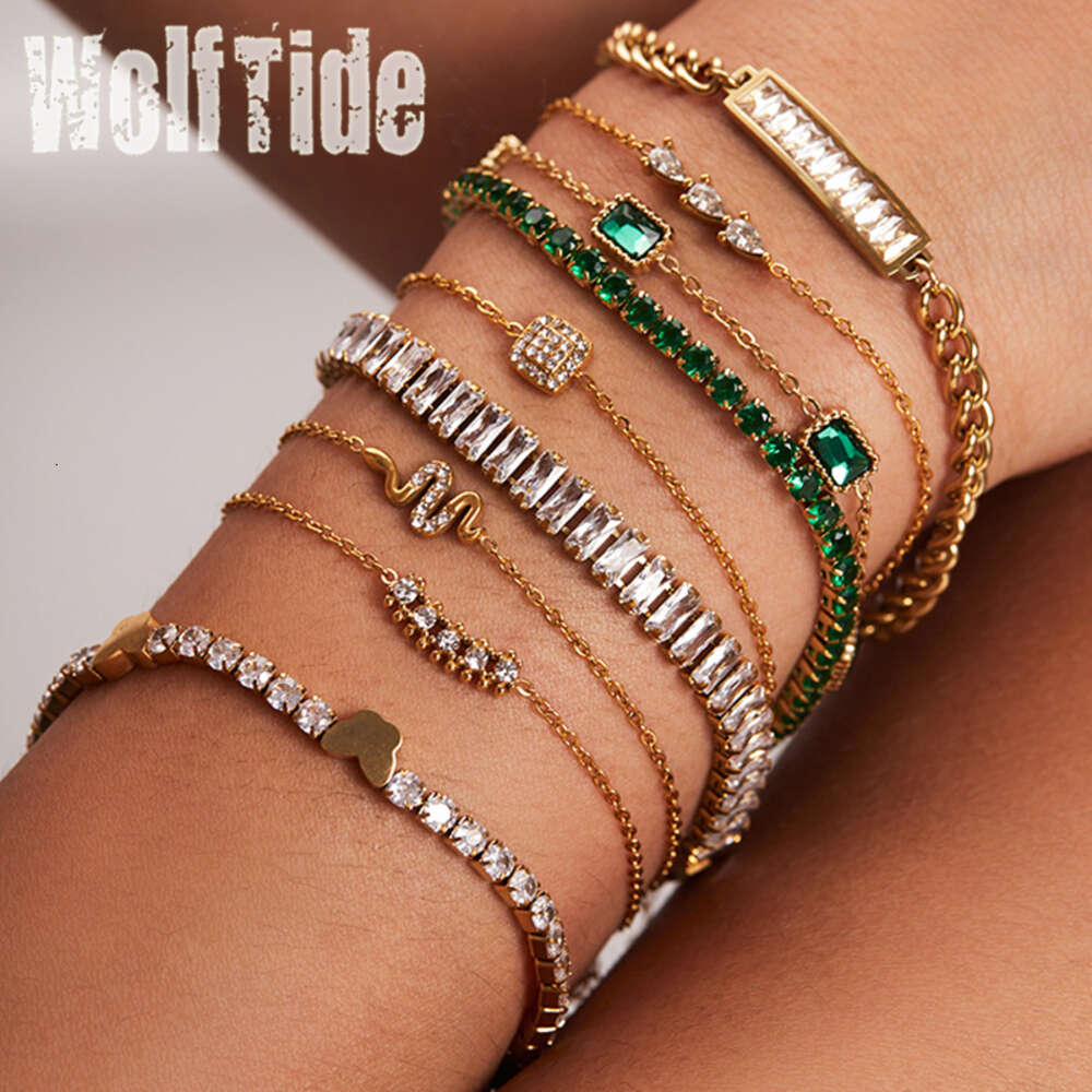 Ins Style High Quality Titanium Stainless Steel Bling Bracelsets For Women Prong Green Cubic Zirconiaices Out Crystal Tennis Bracelet Bangle Jewelry W