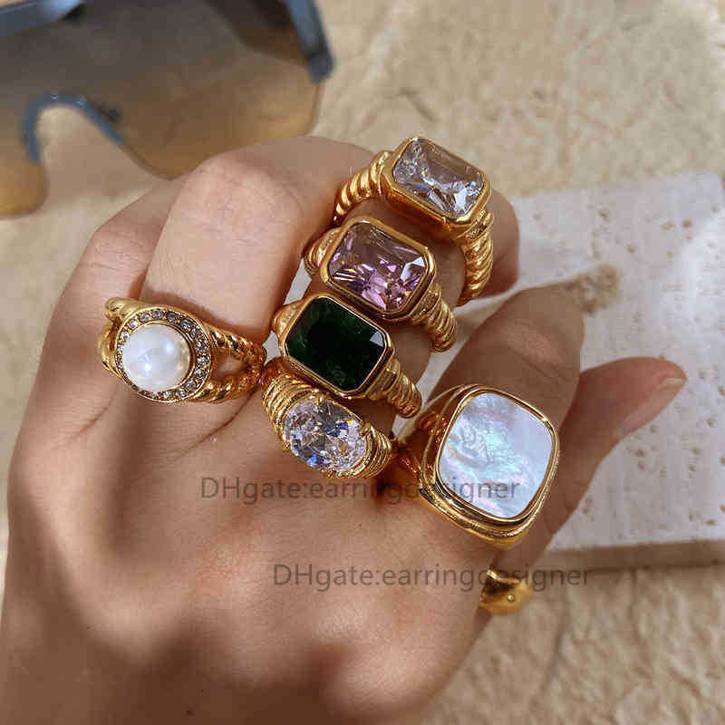 2022 Thin Ring Band Texture Engraved Small Square 3a Cubic Zirconia Stone Black White Green Red Gemstone zircon rings fashion ins trend niche design v