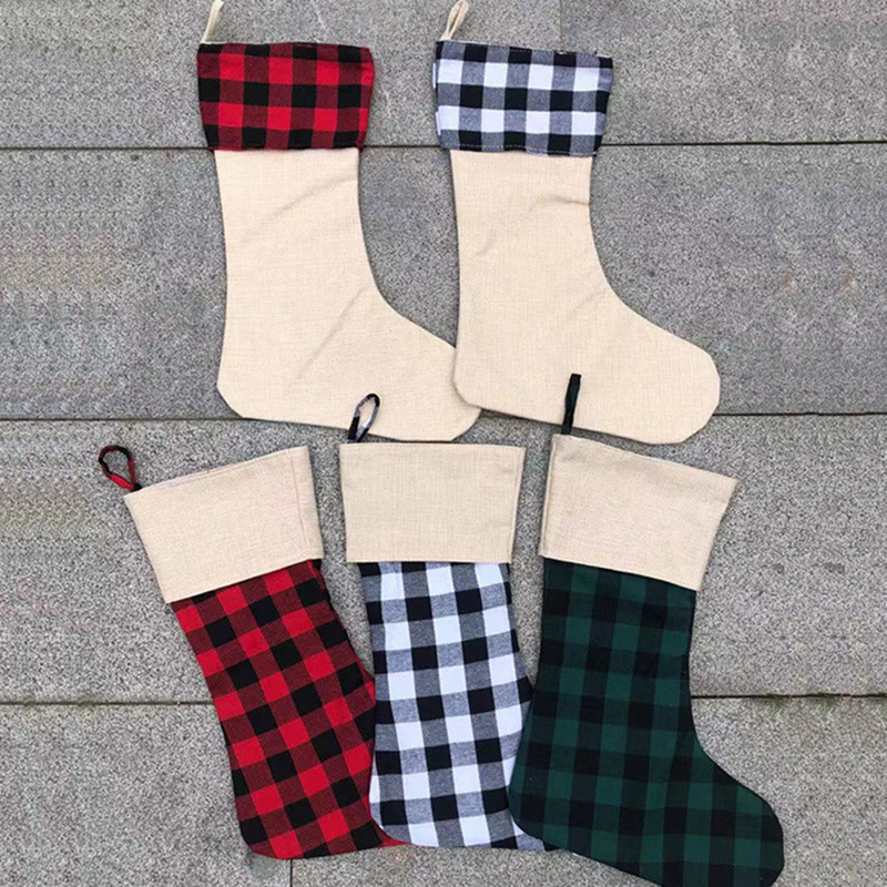 Plaid Christmas Stocking Sublimation Blank Buffalo Xmas Gift Candy Socks Santa Stockings Christmas Tree Ornament