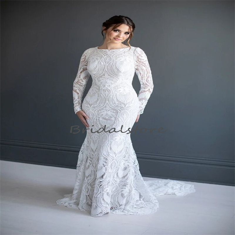 Plus Size Crochet Lace Wedding Dress 2023 Long Sleeve Mermaid Bohemian Sweep Train Korean Muslim Bridal Gowns Boho Gatsby Bride robe mariee Femme vest