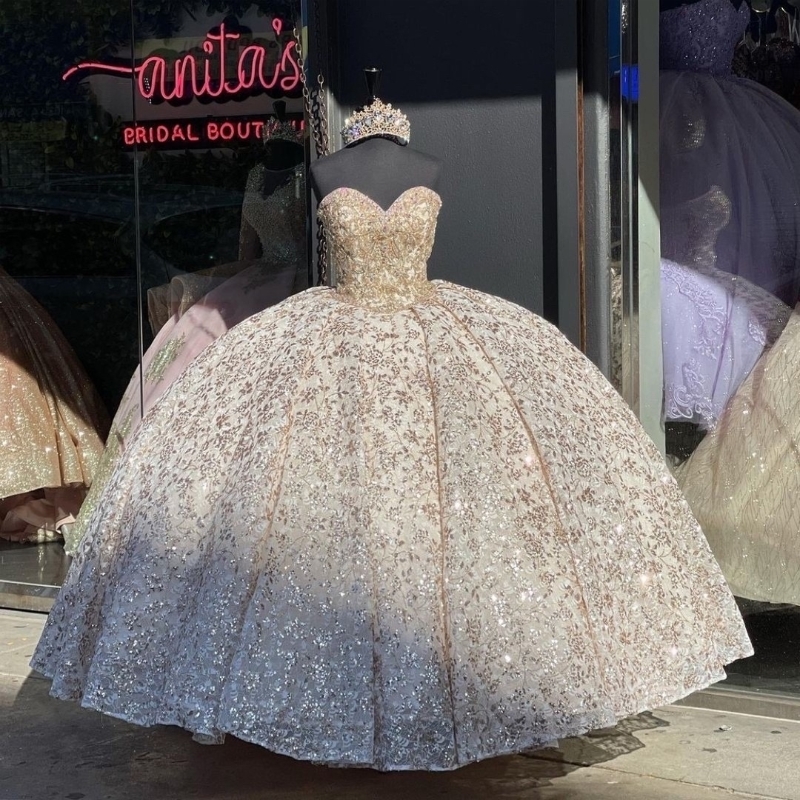 Rose Gold Sparkly Sweetheart Crystal Appliques Bow Quinceanera Dresses Ball Gown Off The Shoulder Beading Sweet Vestidos De 15 Girls
