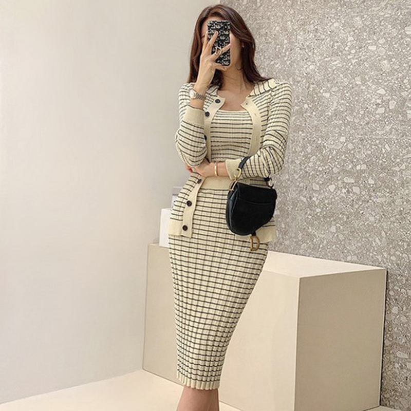 Two Piece Dress Summer Korean Knitting 3 Pieces Set Women Knitted Sling + Cardigan And Pencil Skirts Casual Simple Office Lady Skirt Suit 2024