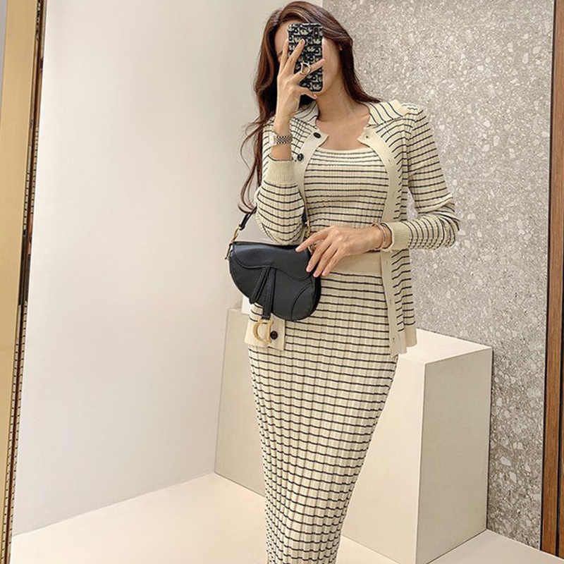 Two Piece Dress Summer Korean Knitting 3 Pieces Set Women Knitted Sling + Cardigan And Pencil Skirts Casual Simple Office Lady Skirt Suit 2024