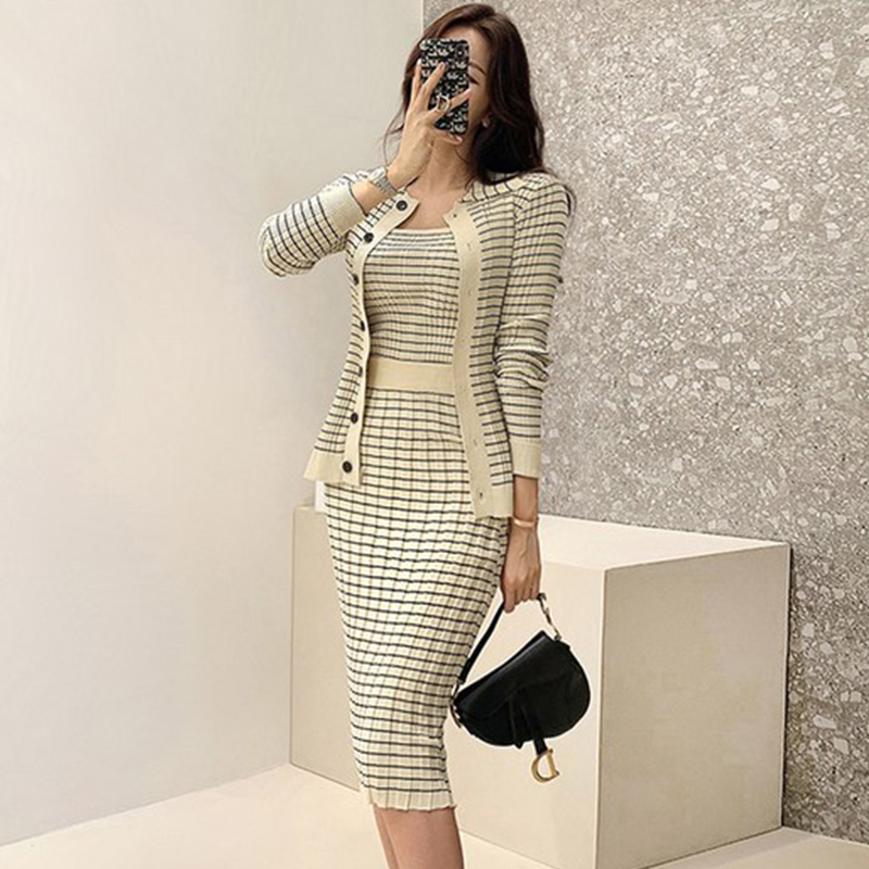 Two Piece Dress Summer Korean Knitting 3 Pieces Set Women Knitted Sling + Cardigan And Pencil Skirts Casual Simple Office Lady Skirt Suit 2024
