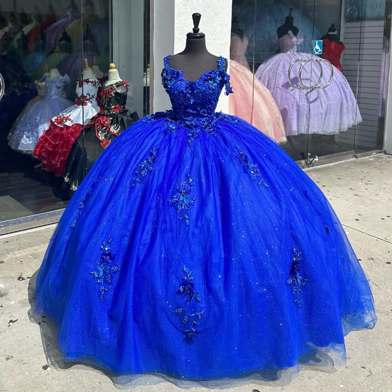 Royal Blue Shiny Sweetheart ral 3D wers Quinceanera Dresses Party Birthday Beaded Corset Sweet 16 Girls Dress Vestidos De 15 Anos