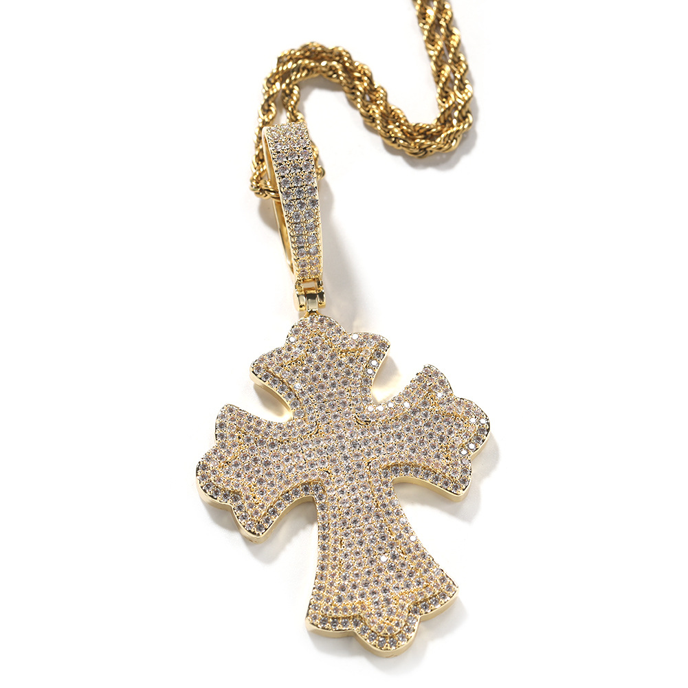 Hip Hop Large Cross Pendant Necklace 5A CZ Stones 18k Real Gold Plated Religion Jewelry