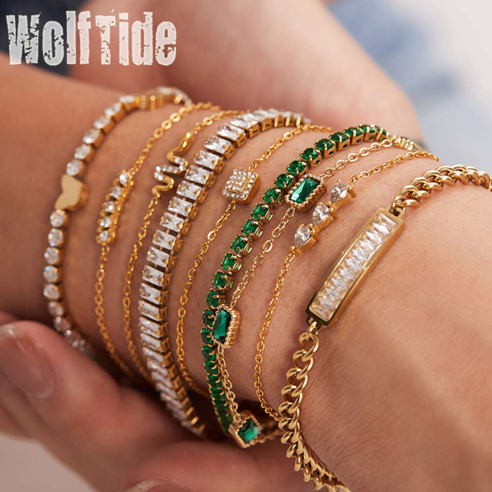 Ins Style High Quality Titanium Stainless Steel Bling Bracelsets For Women Prong Green Cubic Zirconiaices Out Crystal Tennis Bracelet Bangle Jewelry W