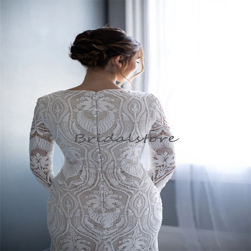 Plus Size Crochet Lace Wedding Dress 2023 Long Sleeve Mermaid Bohemian Sweep Train Korean Muslim Bridal Gowns Boho Gatsby Bride robe mariee Femme vest