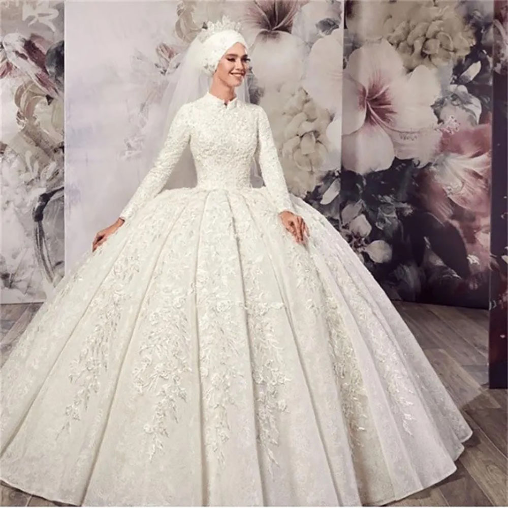 Muslim White Ball Gown Wedding Dresses Bridal Gowns Formal Long Sleeve Applique Ivory Zipper Lace Up Plus Size New Custom High Neck Satin