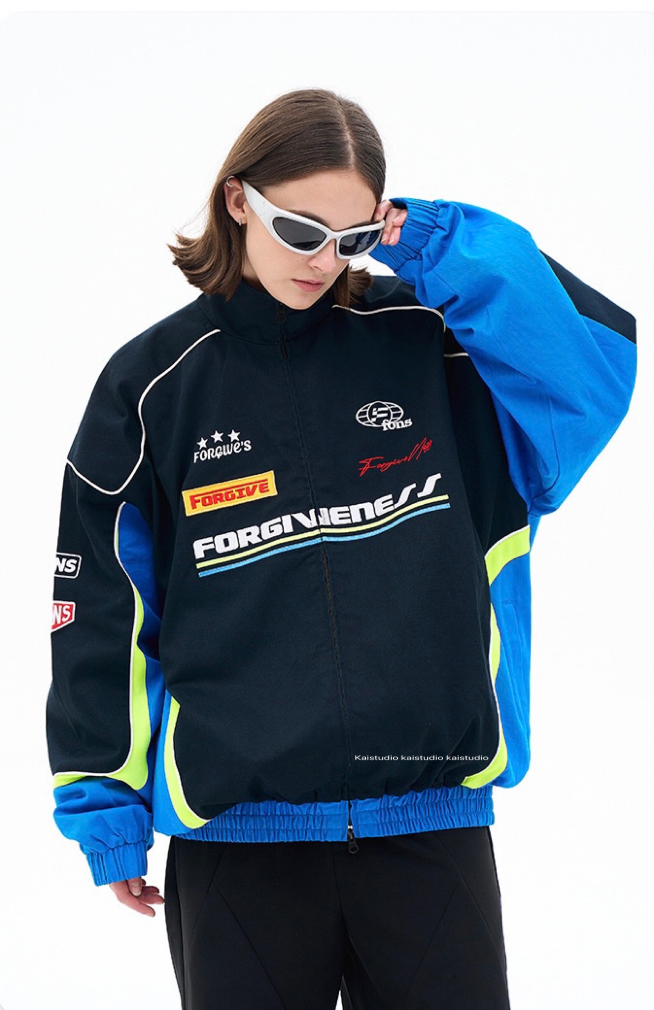 2023 Autumn/Winter Design Blue Racing Suit Casual Versatile Loose Fashion Polo Collar Charge Coat Jacket