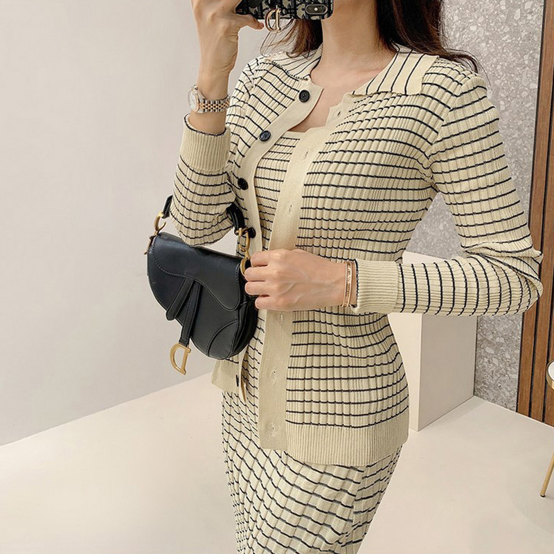 Two Piece Dress Summer Korean Knitting 3 Pieces Set Women Knitted Sling + Cardigan And Pencil Skirts Casual Simple Office Lady Skirt Suit 2024