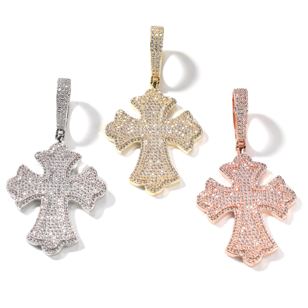 Hip Hop Large Cross Pendant Necklace 5A CZ Stones 18k Real Gold Plated Religion Jewelry