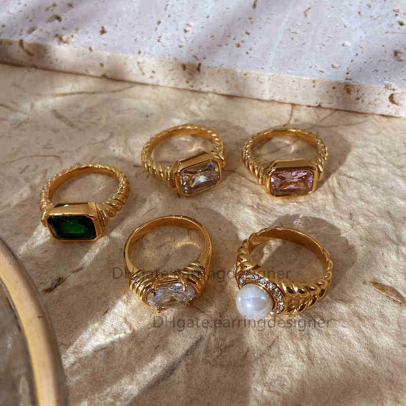 2022 Thin Ring Band Texture Engraved Small Square 3a Cubic Zirconia Stone Black White Green Red Gemstone zircon rings fashion ins trend niche design v