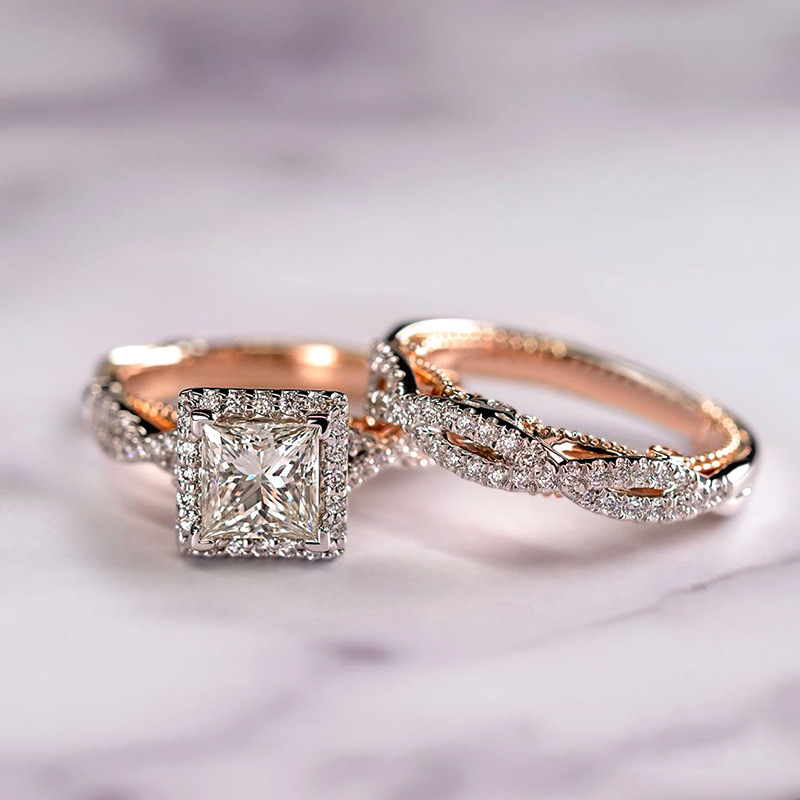 Chic Ladies' Mosaic Cubic Zirconia Wedding Sets Intricate Two-Toned Romantic Engagement Rings Set for Weddings