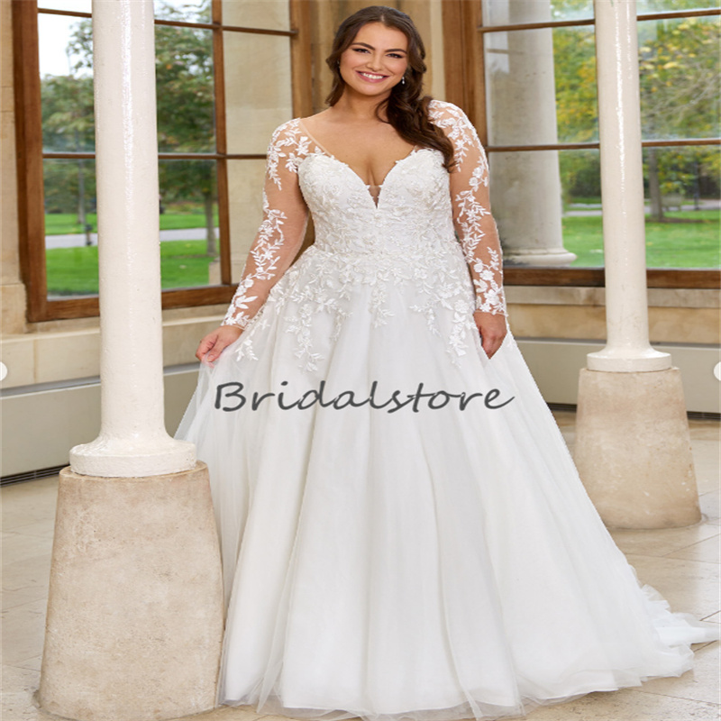 Large Size Lace Wedding Dress 2023 V Neck Long Sleeve Tulle Boho Bridal Gowns Lace Up Plus Rustic Country Civil Vestido De Novia Elegant Robe De marie