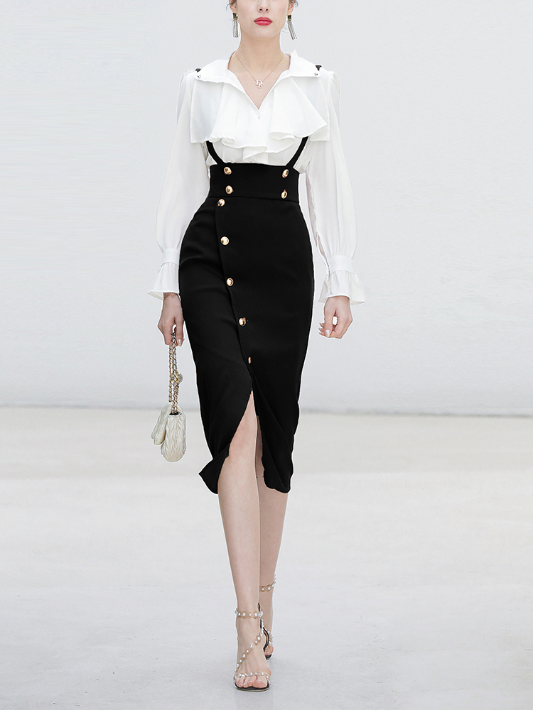 Two Piece Dress Spring New Elegant 2 Piece Office Dress Women Basic White Shirts + High Waist Suspender Dresses Slim Casual Party Vestidos 2024