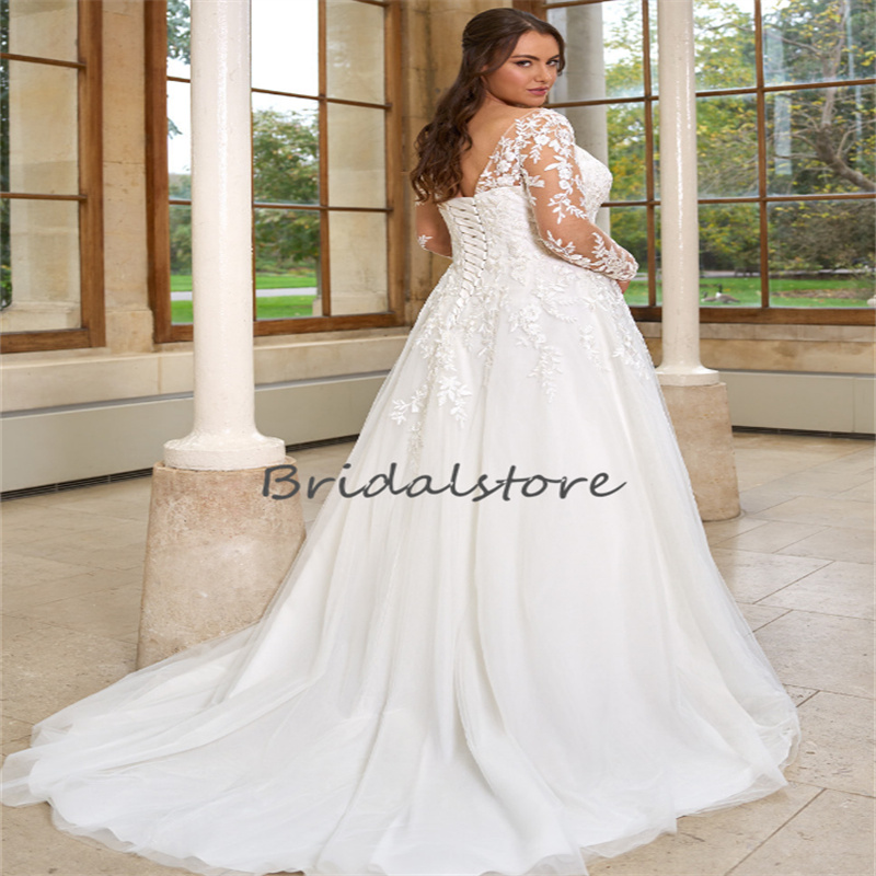 Large Size Lace Wedding Dress 2023 V Neck Long Sleeve Tulle Boho Bridal Gowns Lace Up Plus Rustic Country Civil Vestido De Novia Elegant Robe De marie