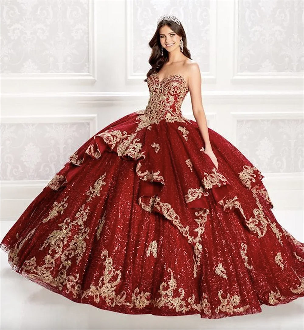 Sparkly Red Beaded Lace Ball Gown Quinceanera Dresses With Jacket Sweetheart Neck Sequined Prom Gowns Tiered Appliqued Sweet 15 Dress