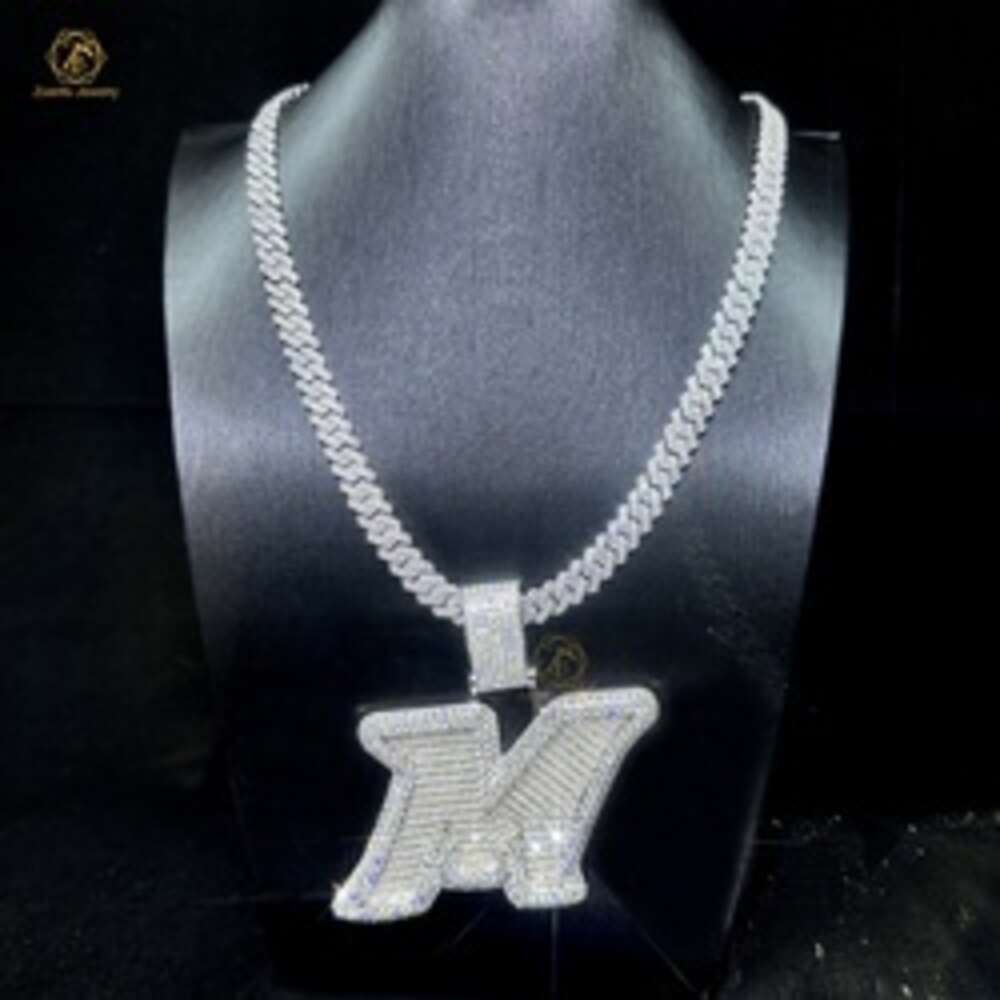 Necklace Iced Out Moissanite Dia Sier Round Mix Baguette Initial m Letter Pendant with 8mm Cuban Chain