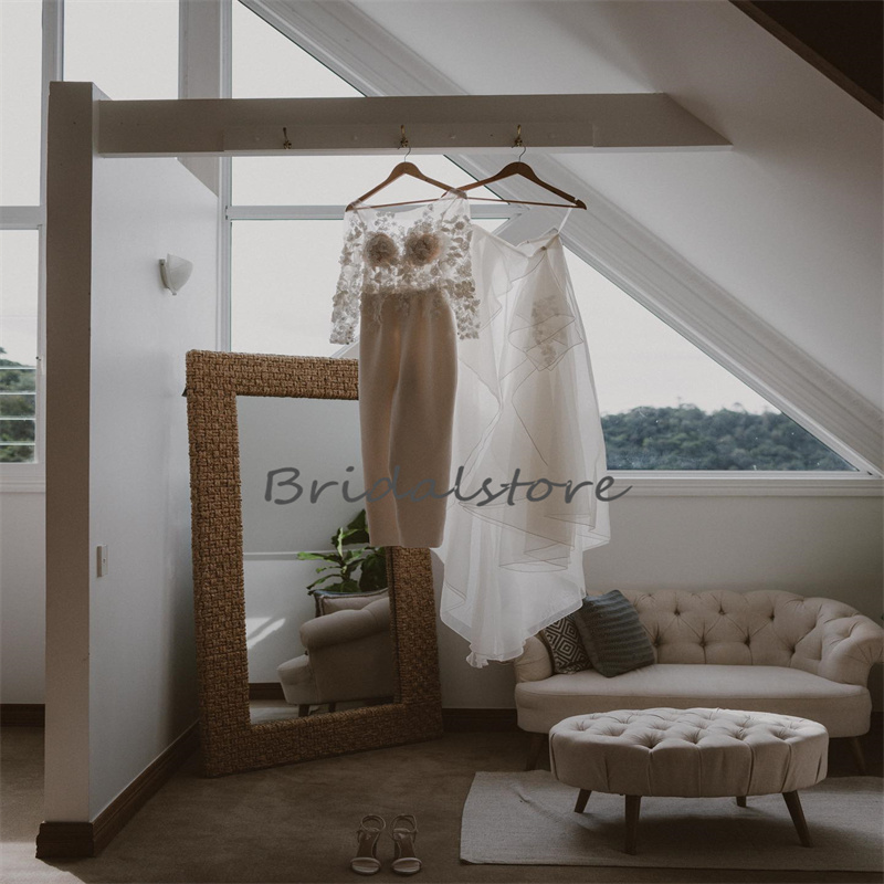 Romantic Jumpsuit Pant Wedding Dress 2023 Illusion Top Lace Overskirt Bohemian Bridal Dresses Sexy Long Sleeve Beach Bride Gown Vestidos De Novia abit