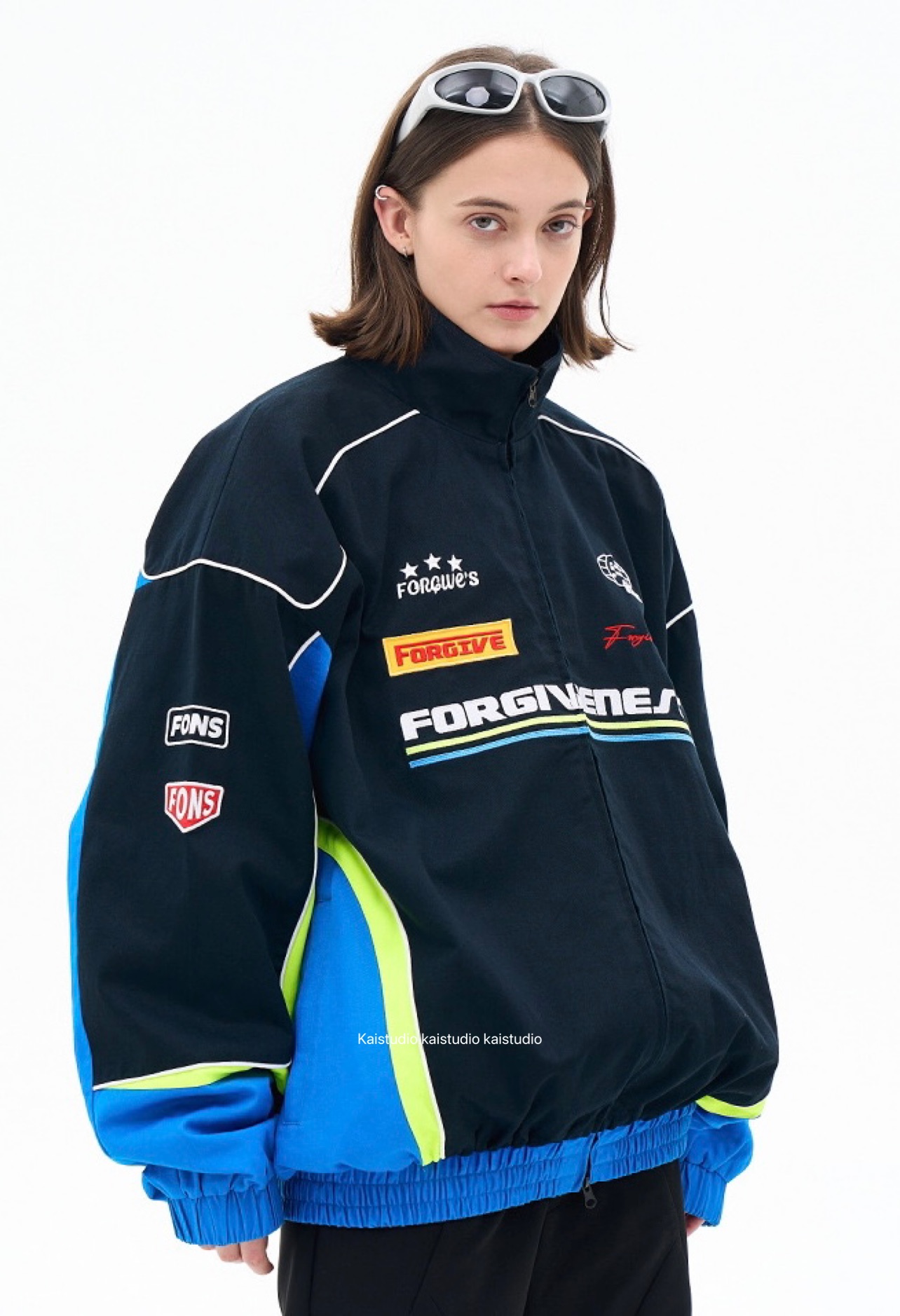 2023 Autumn/Winter Design Blue Racing Suit Casual Versatile Loose Fashion Polo Collar Charge Coat Jacket