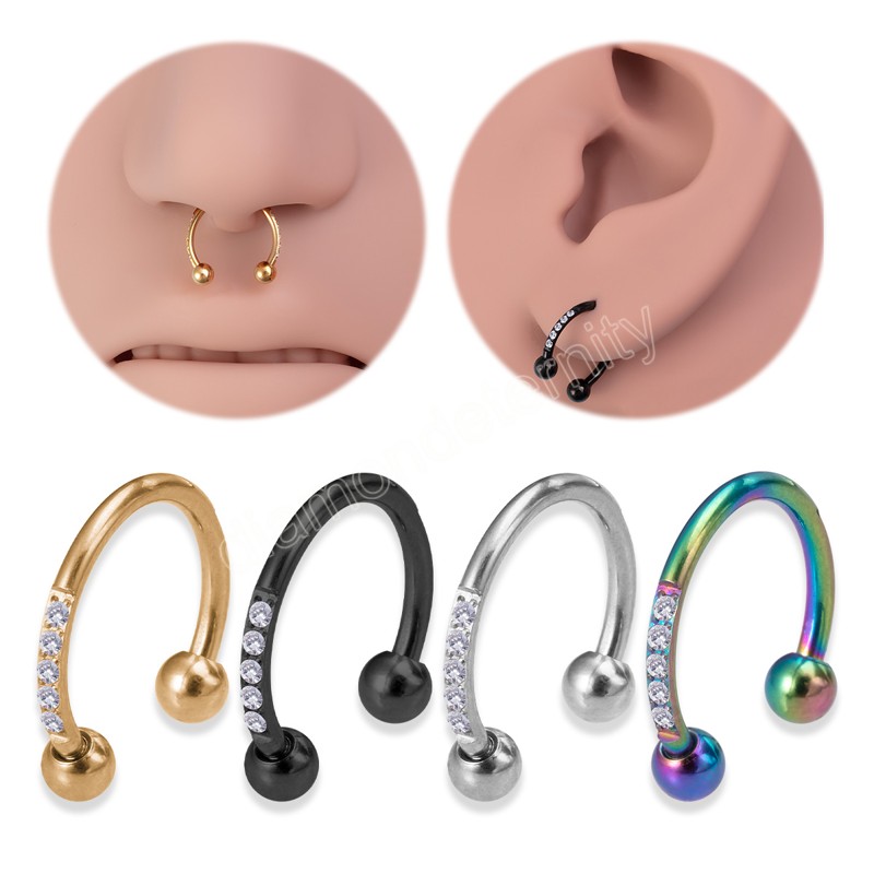 Zircon Hoop Nose Ring Septum Piercing Earrings Cartilage Tragus Helix Stud Circular Ear Horseshoe for Women Body Jewelry