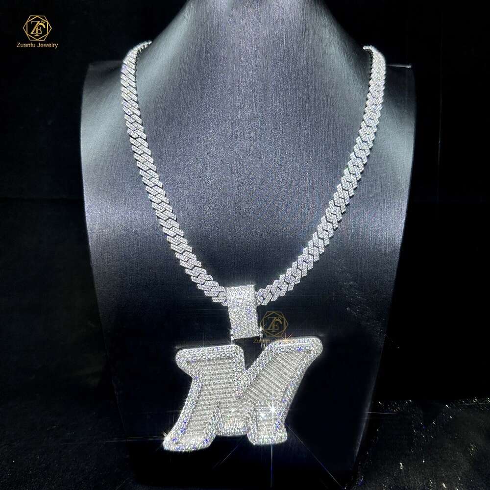 Necklace Iced Out Moissanite Dia Sier Round Mix Baguette Initial m Letter Pendant with 8mm Cuban Chain