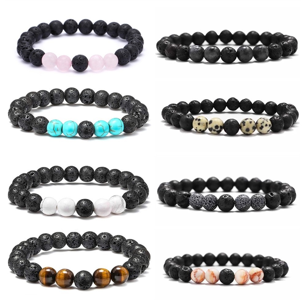 Black Lava Stone Beads Bracelet Natural Stone Rose Quartz Tiger's Eye turquoise Bracelet Stretch Jewelry For Women Men