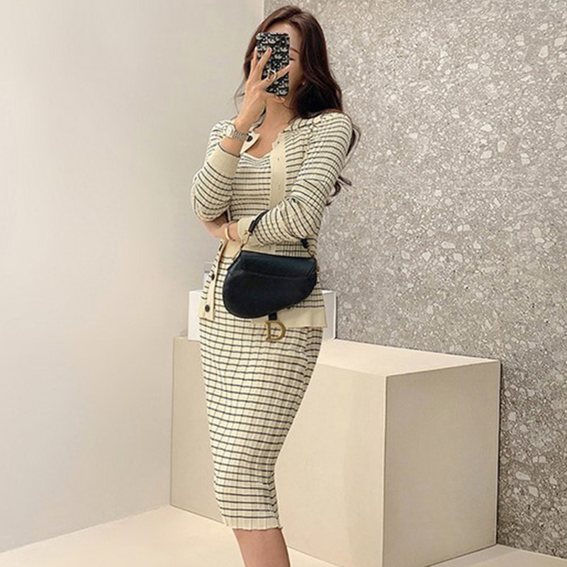 Two Piece Dress Summer Korean Knitting 3 Pieces Set Women Knitted Sling + Cardigan And Pencil Skirts Casual Simple Office Lady Skirt Suit 2024