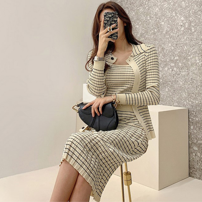 Two Piece Dress Summer Korean Knitting 3 Pieces Set Women Knitted Sling + Cardigan And Pencil Skirts Casual Simple Office Lady Skirt Suit 2024