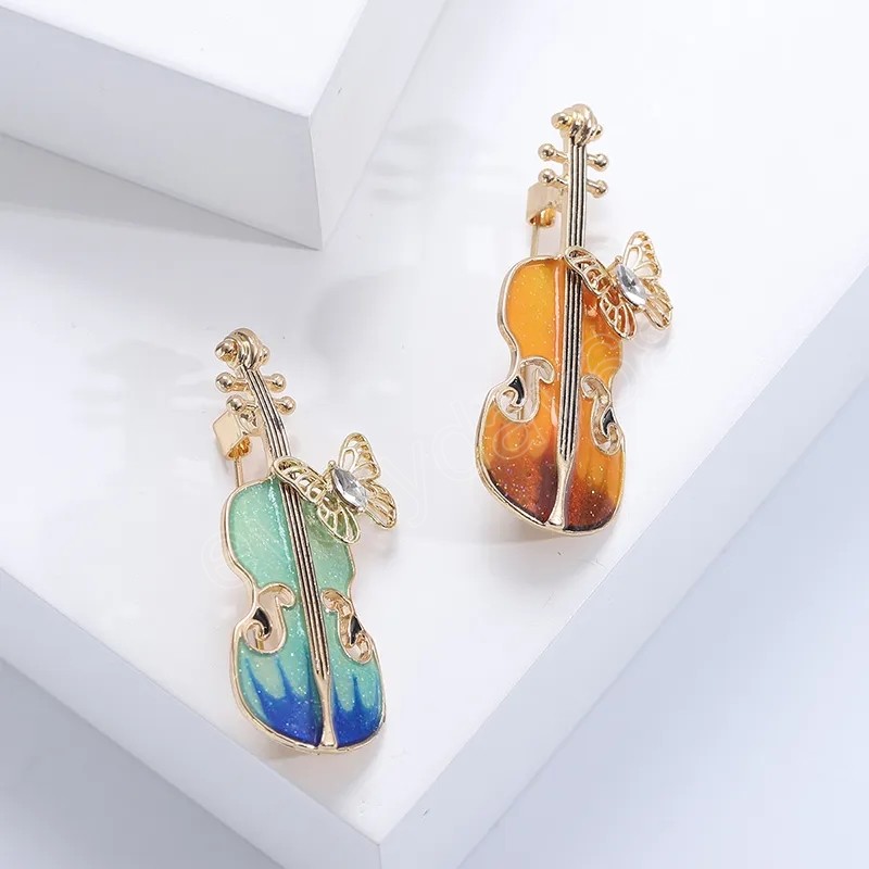 Ladies Elegant Violin Brooch For Women Musical Rhinestone Butterfly Suit Lapel Pins Coat Dress Party Jewelry Gifts