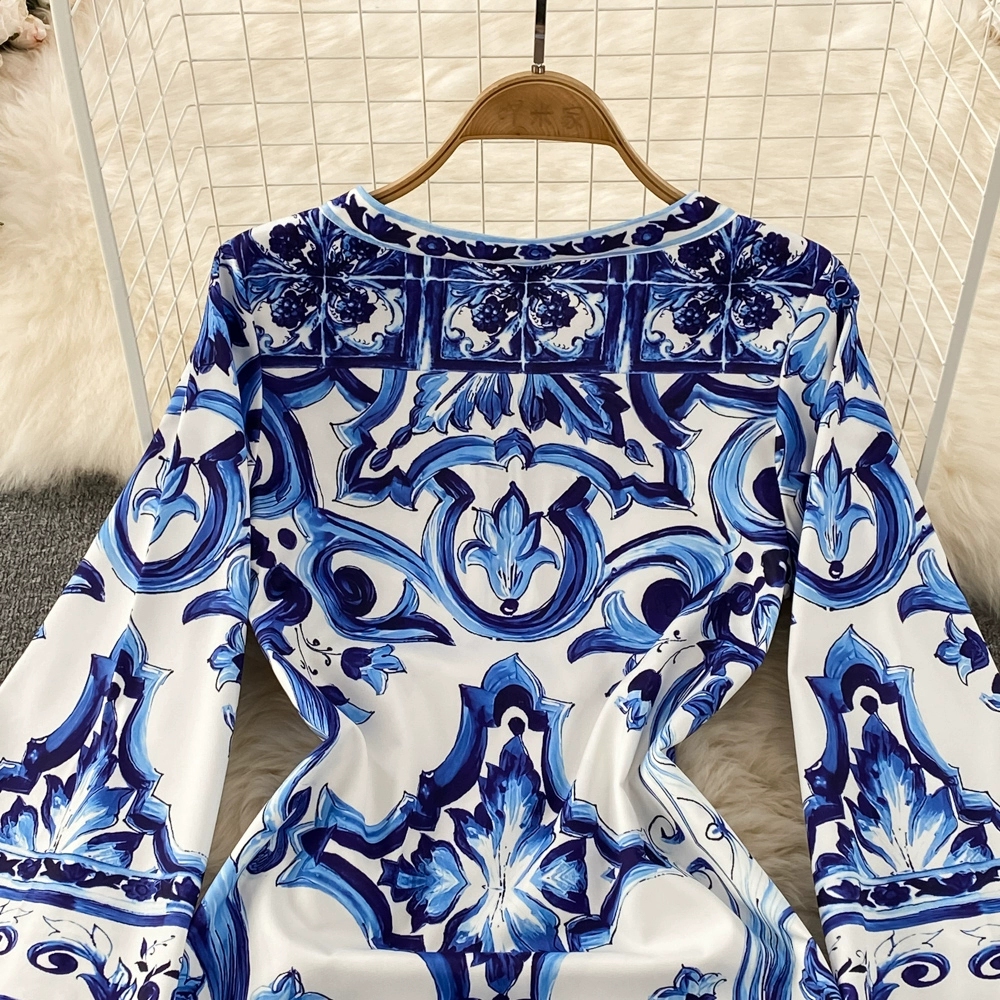 Autumn Vintage Style V-neck Flare Sleeves Celadon Print Wrapped Waist Show Thin A-line Dress Elegant Long Skirt