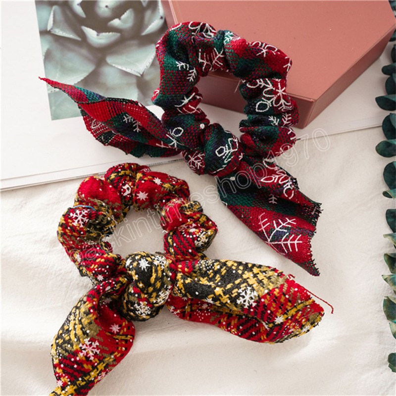 Christmas Knotted Rabbit Ears Hair Band Plaid Striped Headwear Ponytail Holder Xmas Hair Scrunchies Women Gift Hair Accessories