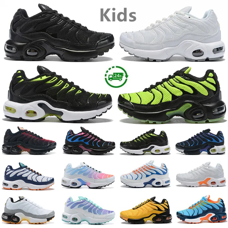 2024 Kids Shoes Athletic Tn Plus Shoes Tns Sneaker Triple Black White Red Rainbow Worldwide Kumquat Marina Preschool Girls Boys Babies Child Trainer Sports Sneakers