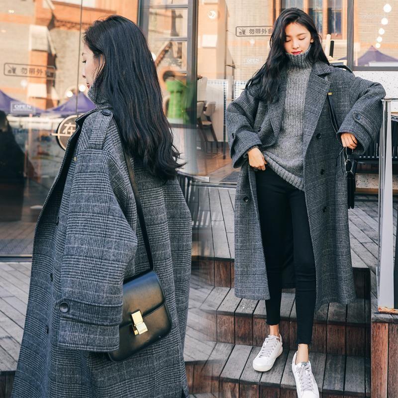 Women's Wool Plaid Woolen Coat Mid-length Korean Oversized Autumn Winter Preppy Student Loose Over-the-knee Jackets