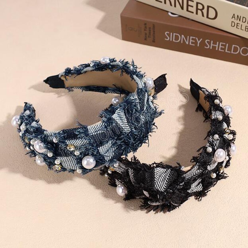 New Fashion Denim Headband For Adult Wide Side Pearls Turban Center Knot Headwear Casual Hair Accessories