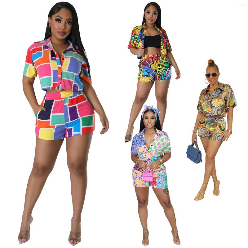 Women S Tracuits Summer Printed Piece Outfit Casual Button Down Shirt Top Shorts With Pocket Suits Two Set Tracuit