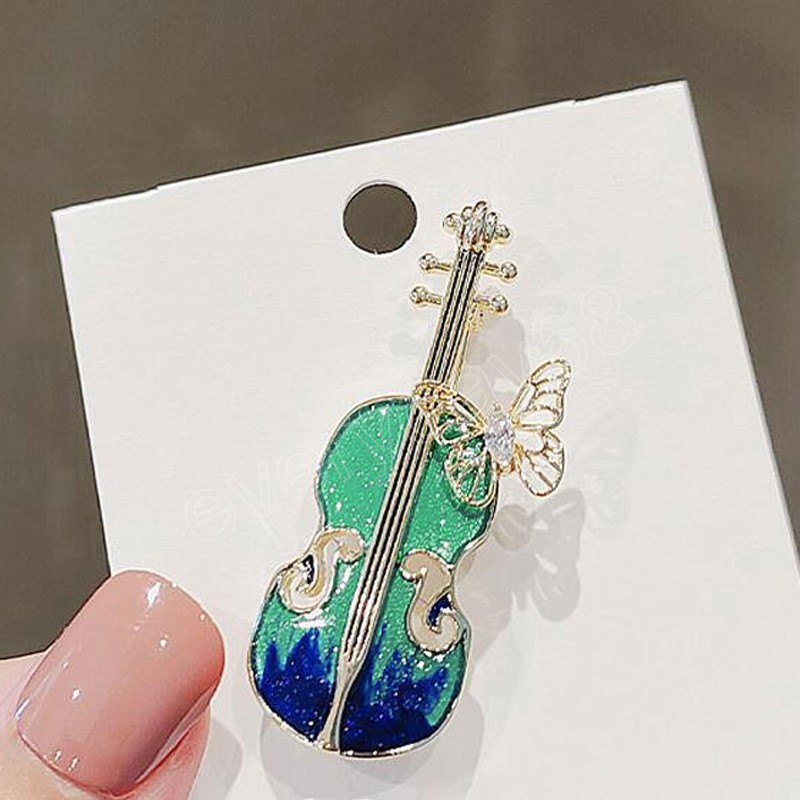 Ladies Elegant Violin Brooch For Women Musical Rhinestone Butterfly Suit Lapel Pins Coat Dress Party Jewelry Gifts