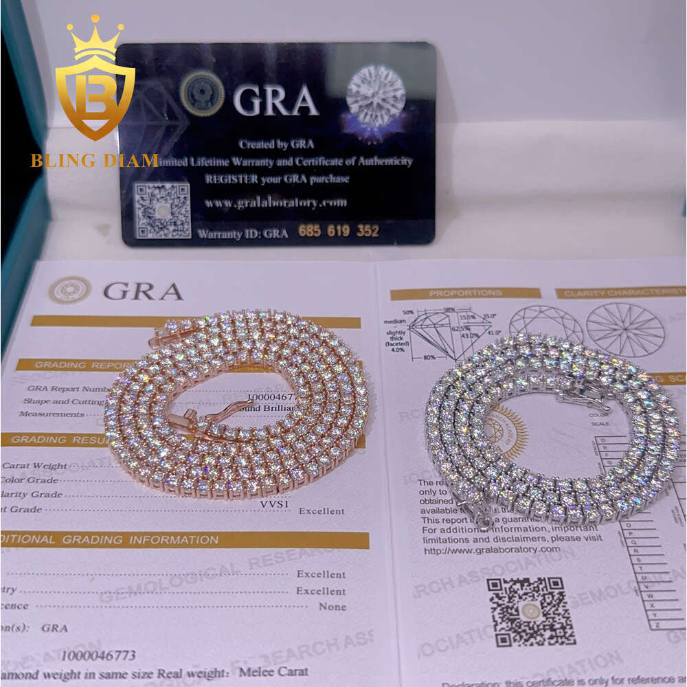 Necklace Tennis Chain moissanite chain Diamond Hip Pop Chain Necklace 4mm Round Brilliant Cut Vvs1 Moissanite Diamond Luxury Tennis Chain