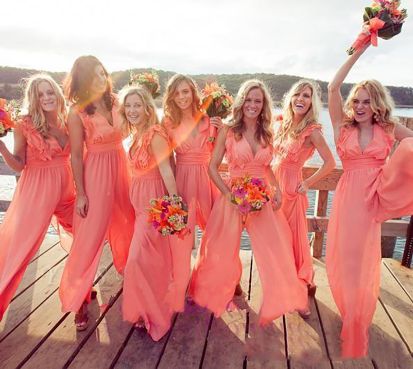 2023 New Arrival Chic Chiffon Cheap Coral Bridesmaid Dresses Long Jumpsuits V Neck Plus Size Beach Wedding Guest Dress Party prom Dresses