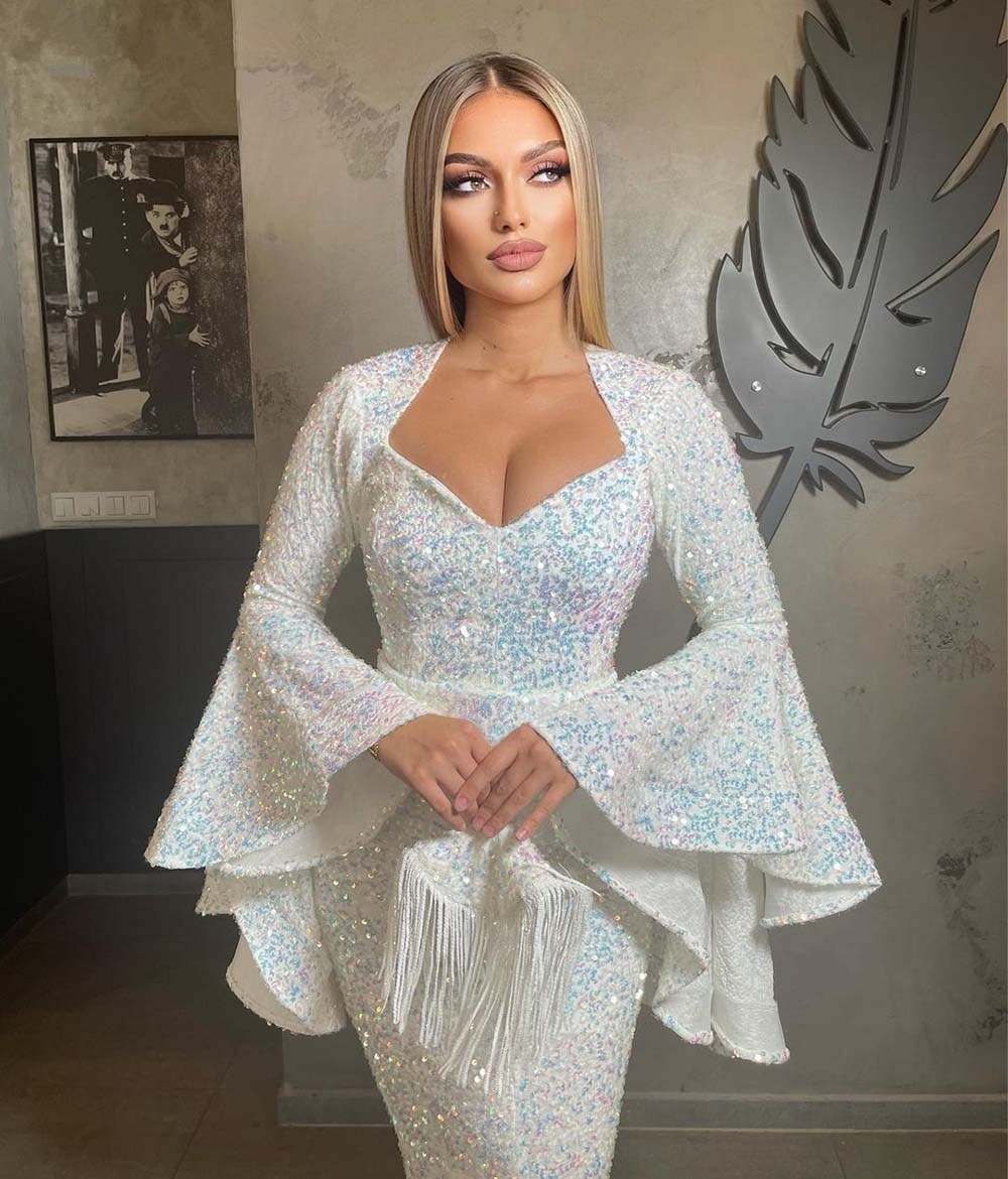 Sexy Sparkly Glitter Sequin High Slit Long Sleeves v neck Mermaid Evening Gowns Dubai Style White sequined Long Elegant Party Night Dresses