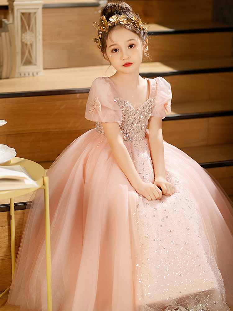 Shiny Pink Flower Girl Dresses Sequined Bling Ruffles Hand Made Flowers Lace Tutu Vintage Little Baby Birthday Gowns Communion Boho Wedding Bridesmaid