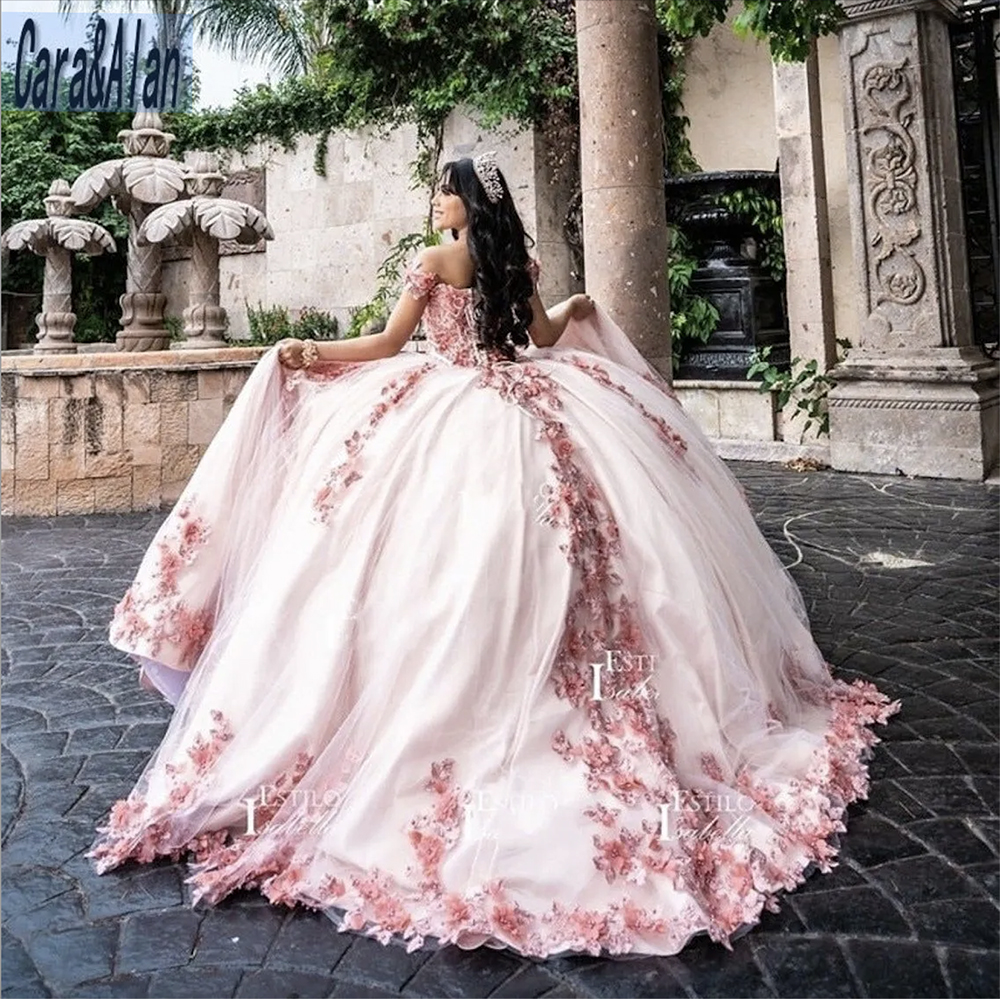 Pink Quinceanera Dresses 3D Floral Lace Applique Beaded Corset Back Off the Shoulder Custom Made Sweet 16 Princess Birthday Party Ball Gown Vestidos