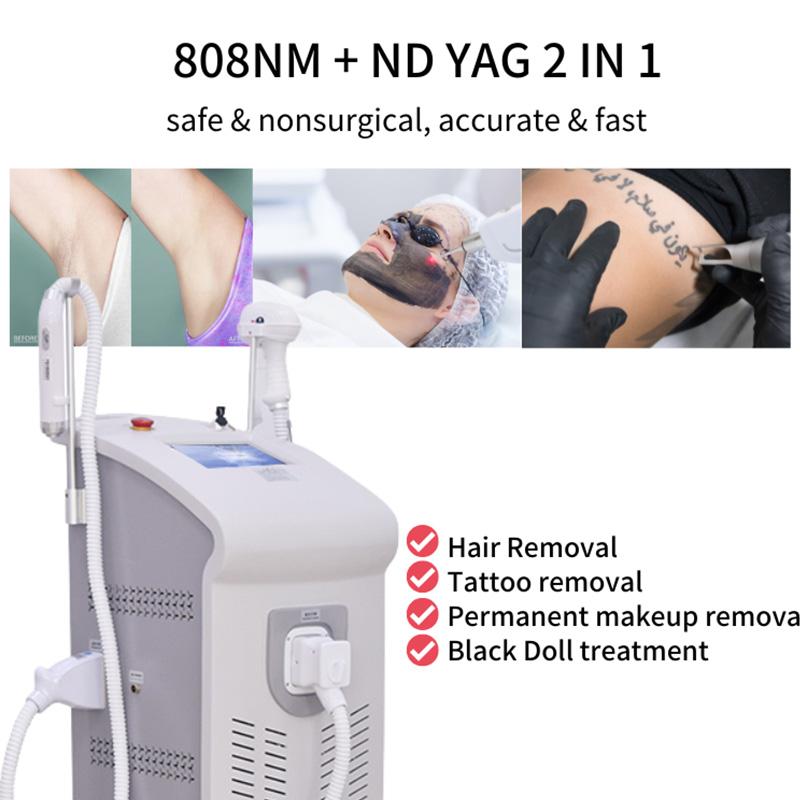 2 in 1 Laser Machine 808 755 1064nm Doide Laser Hair Removal Picosecond Tattoo Freckle Treatment Skin Rejuvenation Pigment Removal EYebrow Washing MAC