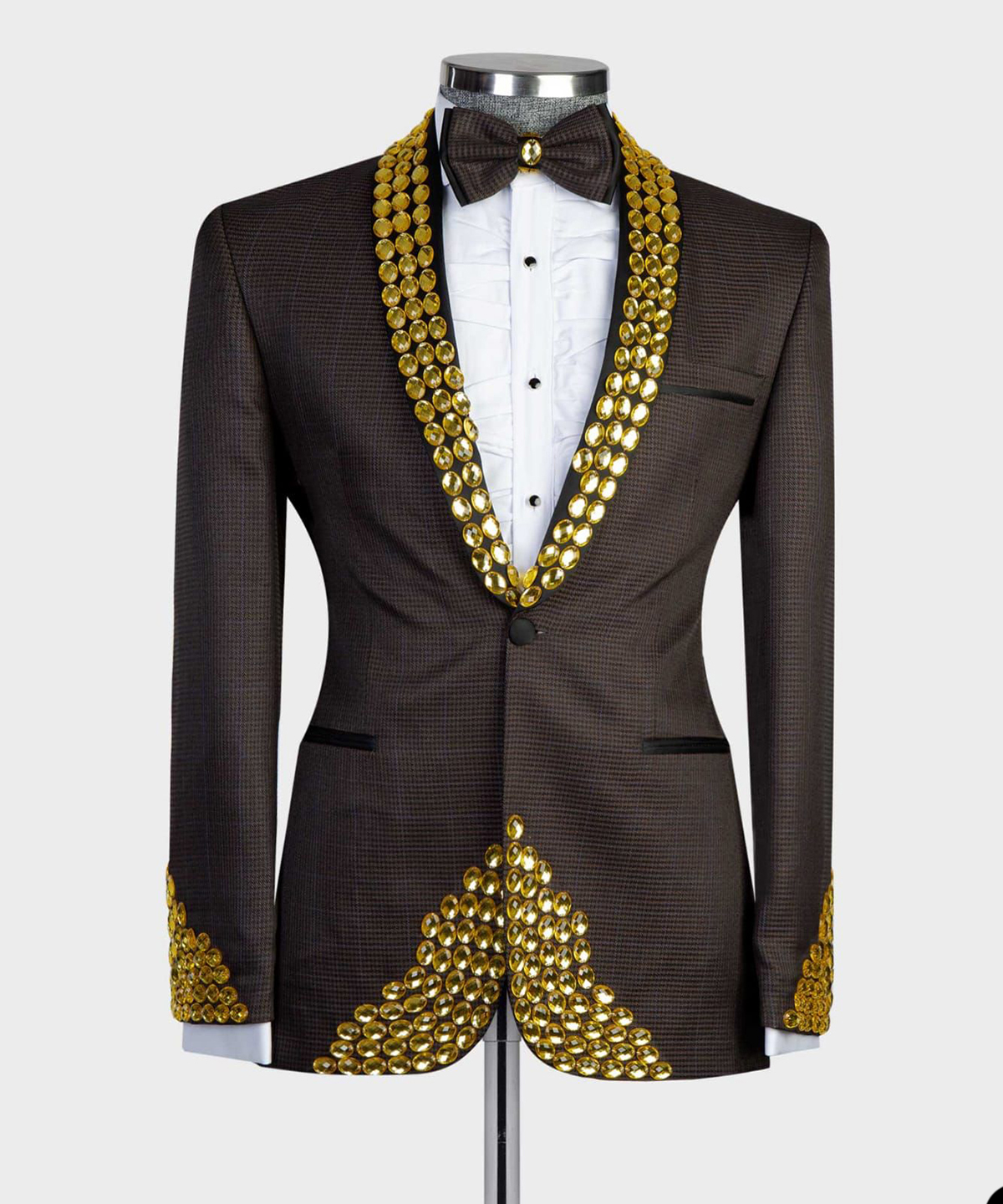 Mens Wedding Tuxedos Golden Crystal Beading Gorgeous Tailored Beading Shawl Lapel Jacket 2 Pieces Male Costume Coat
