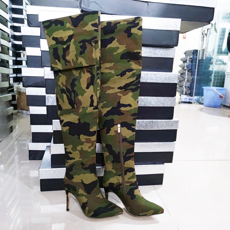 Boots printed camouflage boots over the knee high thin heels shoe's long casual pointed toe motorcycle woman dh2334238