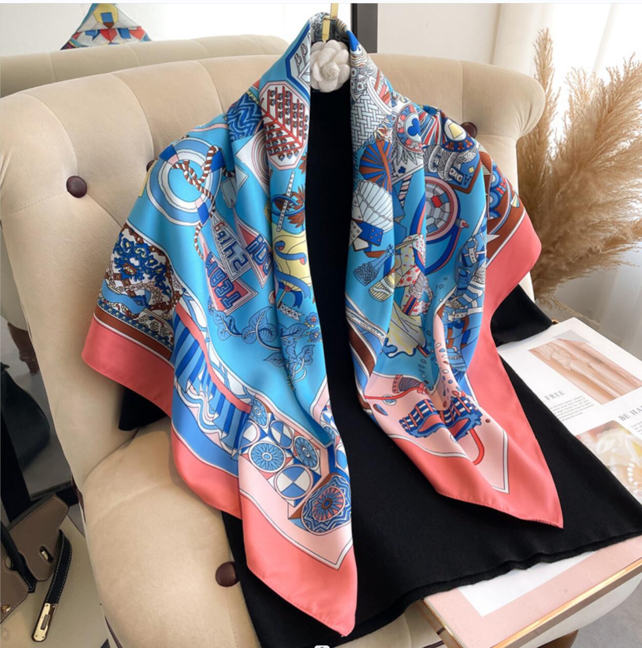 90x90cm Silk Scarf for Women, Floral Print Headband, Paris Shoulder Tote Bag, Lage Ribbon Head Wrap