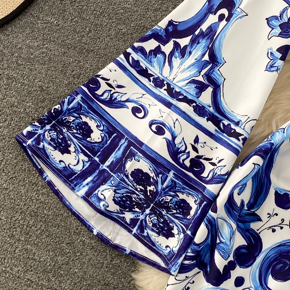 Autumn Vintage Style V-neck Flare Sleeves Celadon Print Wrapped Waist Show Thin A-line Dress Elegant Long Skirt