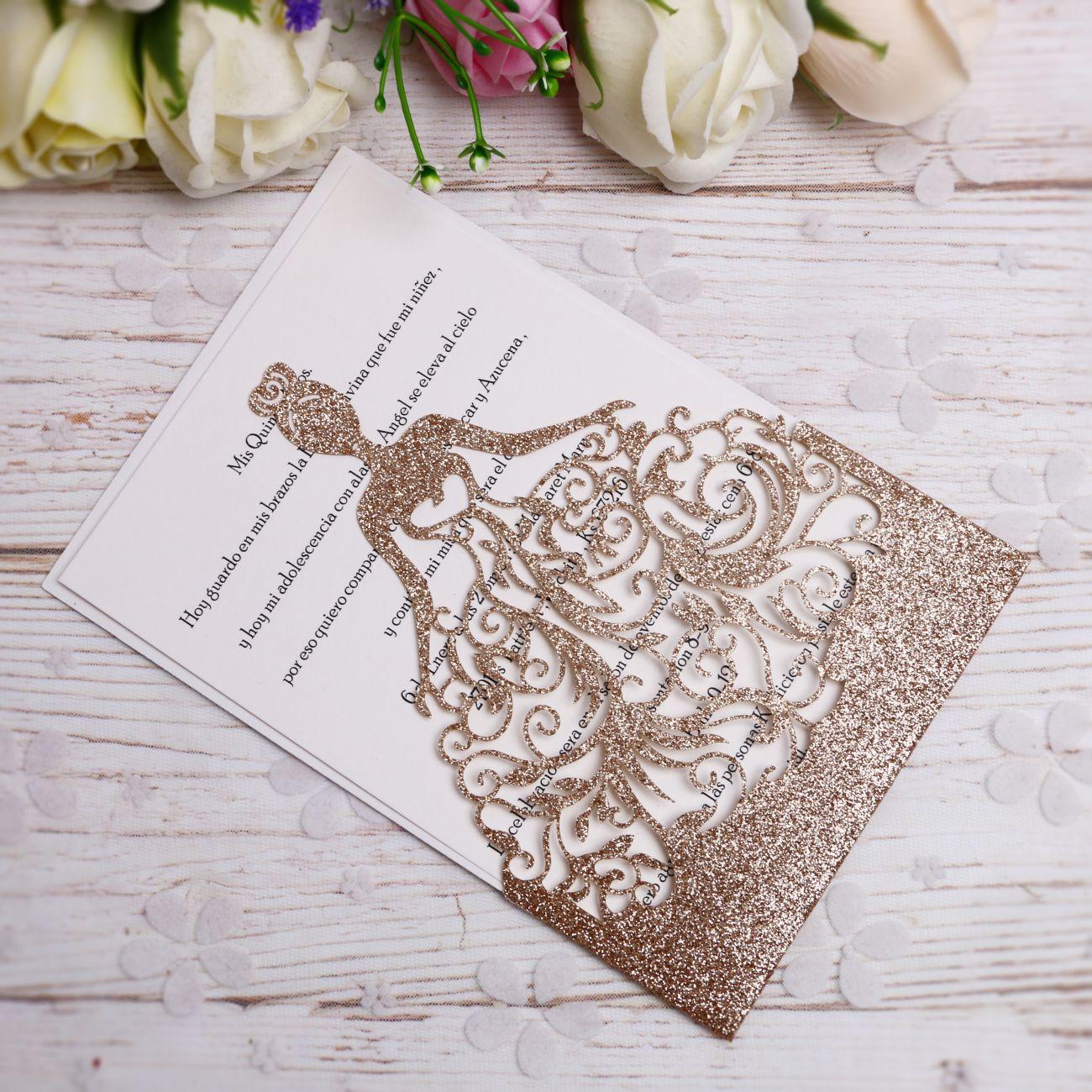 2019 New Gold Glitter Laser Cut Crown Princess Invitations Cards For Birthday Sweet 15 QuinceaneraSweet 16th Invite ZZ